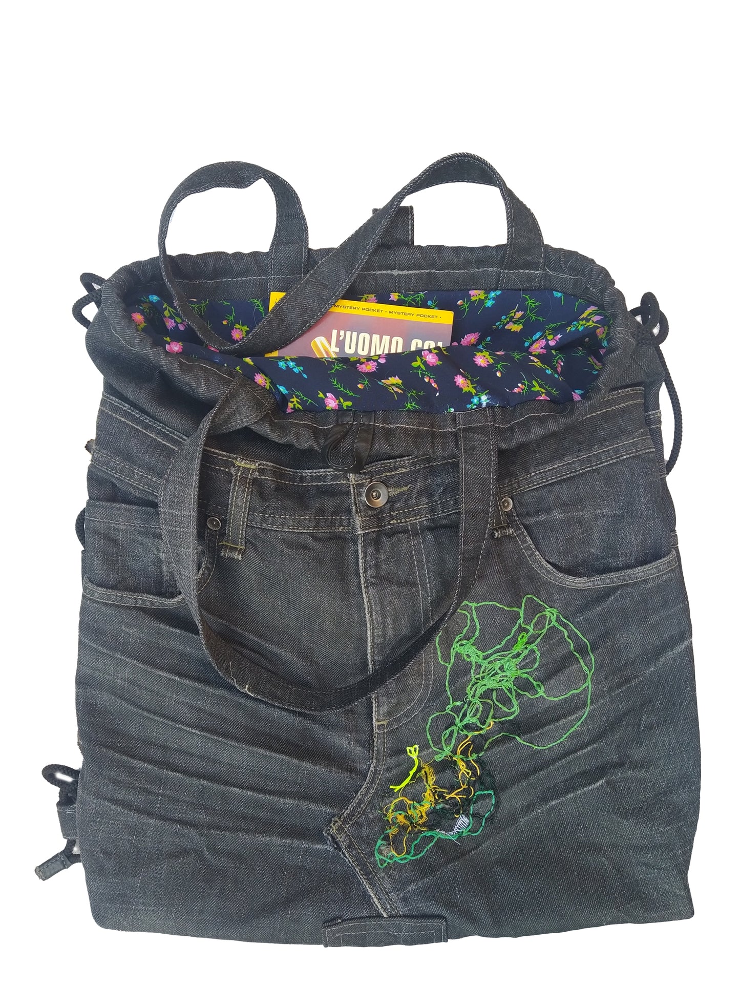 Zaino/Sacca/Borsa in jeans scuro | pezzo unico | ricamo brutto